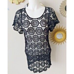 India Boutique Black Blouse Top Lace Crochet One Size (S-M) Cap Sleeve